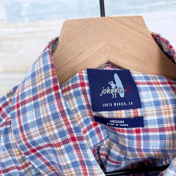 Johnnie O Woven Button Down Shirt Blue Red Plaid Long Sleeve Casual Mens Medium - Picture 5 of 5